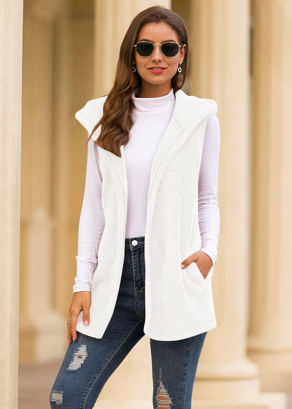 Womens Sherpa Fleece Hooded Vest Lightweight Sleeveless Cardigan Coats (Xx-Large, A-White)