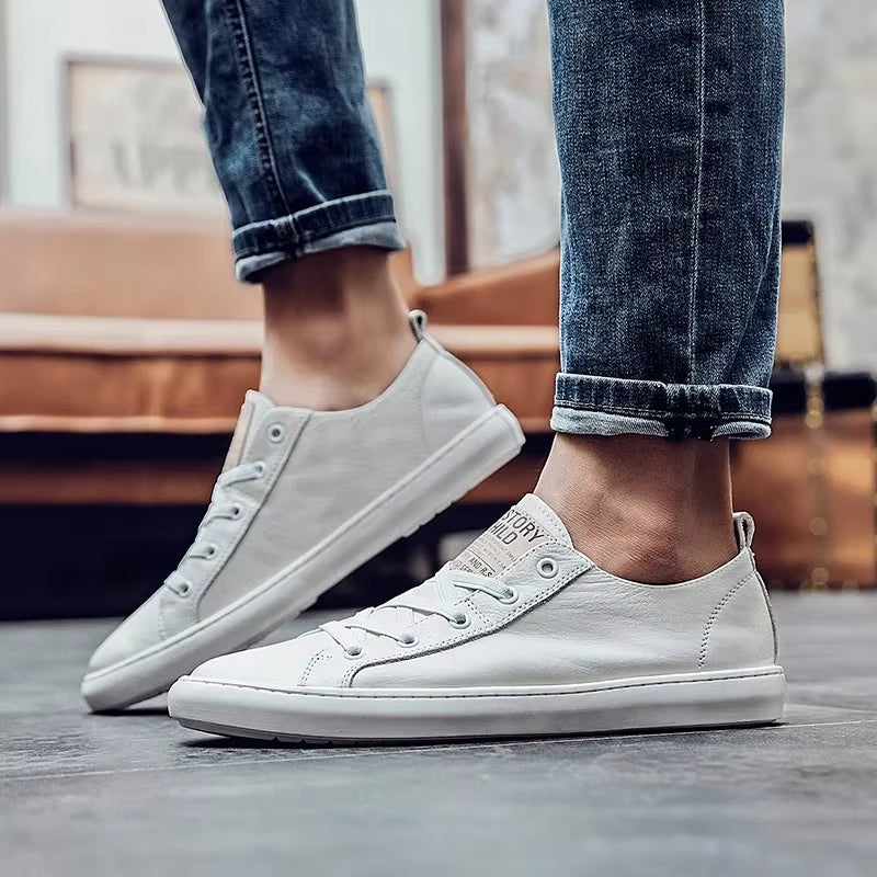 Genuine Leather Men Shoes Lace up Outdoor Casual Shoes for Men Cow Leather Simple Fashion Black White Men Shoes for Men Flats