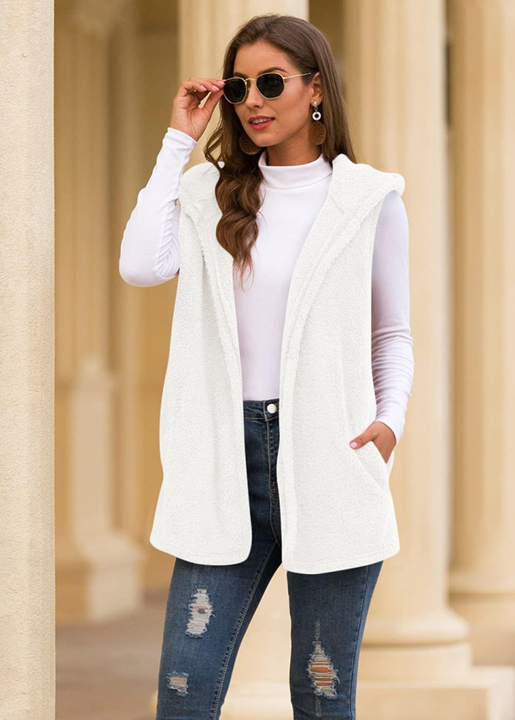 Womens Sherpa Fleece Hooded Vest Lightweight Sleeveless Cardigan Coats (Xx-Large, A-White)