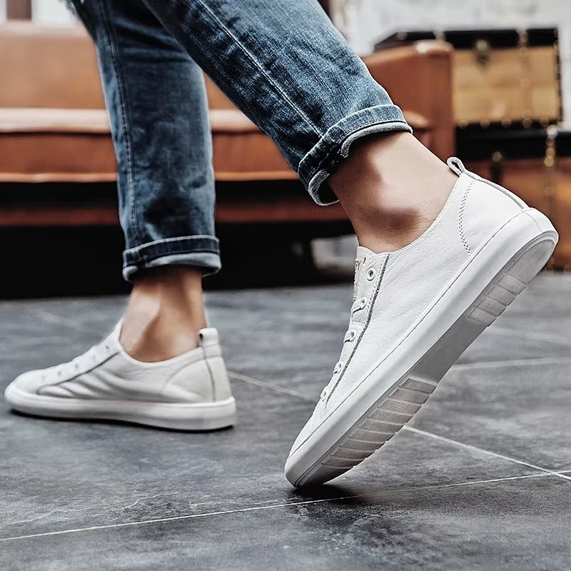 Genuine Leather Men Shoes Lace up Outdoor Casual Shoes for Men Cow Leather Simple Fashion Black White Men Shoes for Men Flats