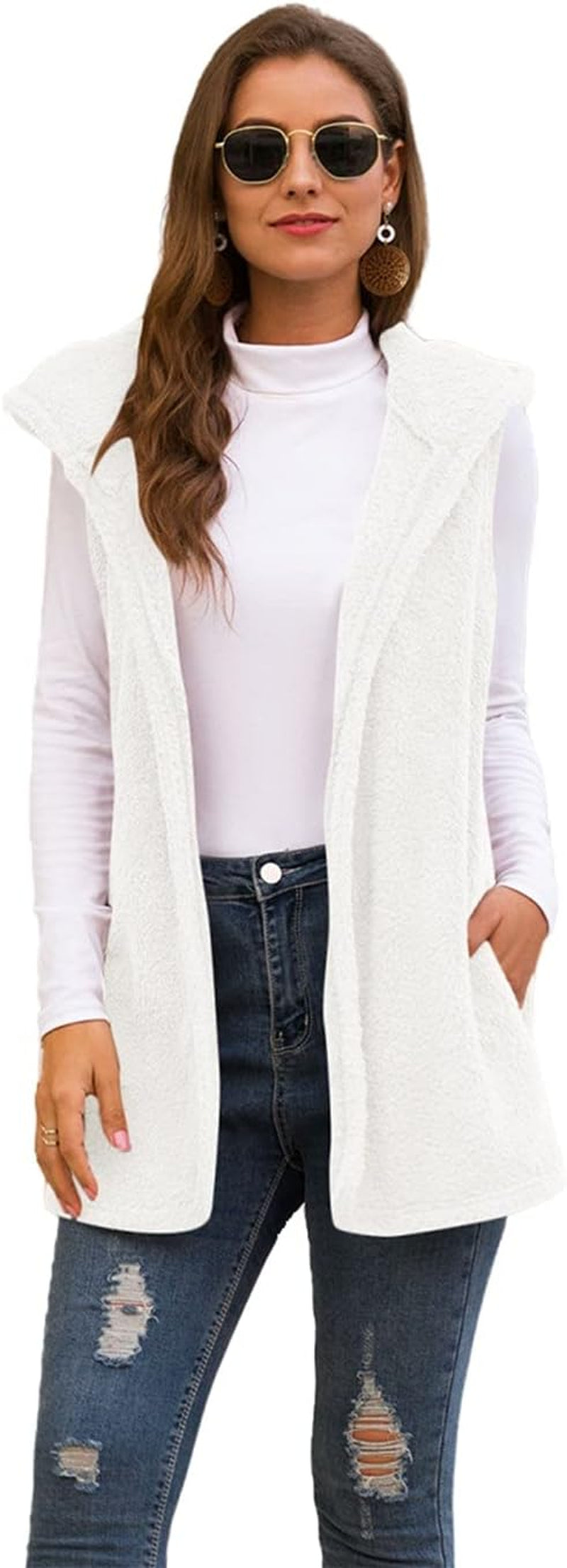 Womens Sherpa Fleece Hooded Vest Lightweight Sleeveless Cardigan Coats (Xx-Large, A-White)