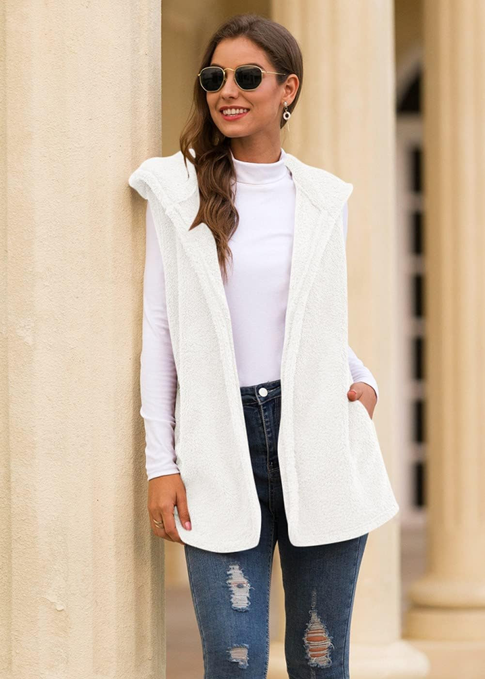 Womens Sherpa Fleece Hooded Vest Lightweight Sleeveless Cardigan Coats (Xx-Large, A-White)