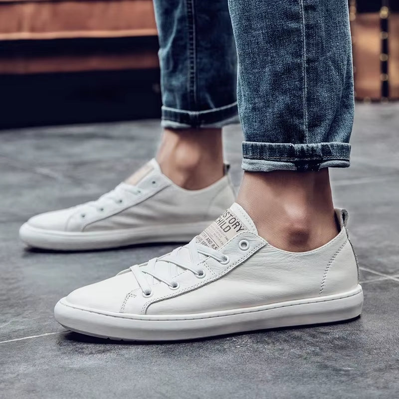 Genuine Leather Men Shoes Lace up Outdoor Casual Shoes for Men Cow Leather Simple Fashion Black White Men Shoes for Men Flats